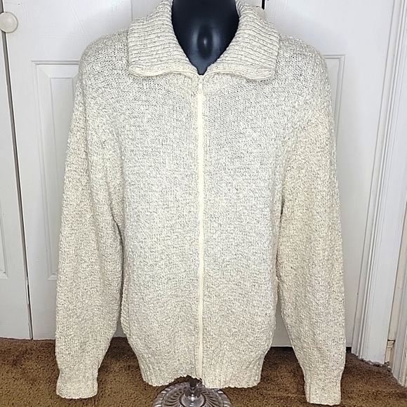 LL Bean Full Zip Cardigan Sweater Wool Blend Size Large Cream and Gray